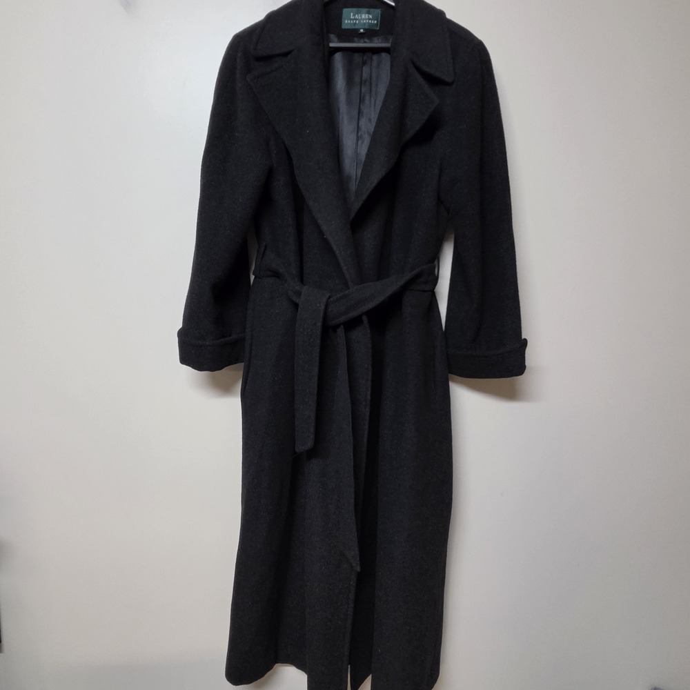 Lauren Ralph Lauren Women 10 Charcoal Gray 100% Camel Hair Belted Long Coat USA